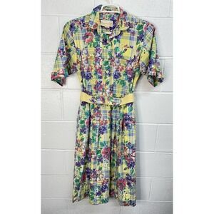 Vintage 70s California Girl Shirt Dress Plaid Floral Cotton Belted Size 10 USA
